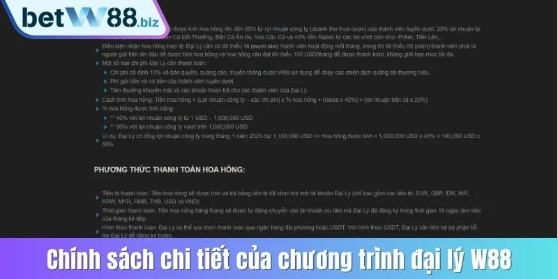 Đại Lý W88 - Cơ Hội Vàng Kiếm Thêm Thu Nhập Khủng Về Tay 2 Chính sách chi tiết của chương trình đại lý W88